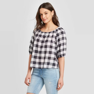 Women's Plaid Bubble 3/4 Sleeve Round Neck Top - Universal Thread™ | Target