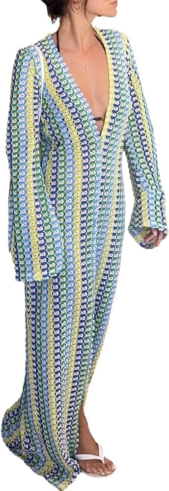 Amazon.com: AIWUFLY Women's Sexy Deep V Neck Lace Crochet Maxi Dress Long Bell Sleeve Striped Pri... | Amazon (US)