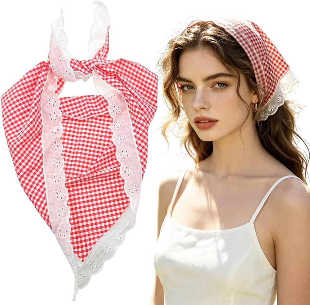 Red and White Gingham Plaid Bandana Head Scarf with Lace Trim, Triangle Hair Wrap | Amazon (US)
