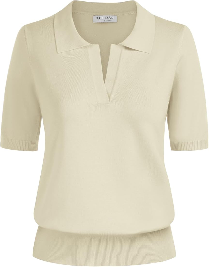 Kate Kasin Women Short Sleeve Polo Sweater V Neck Knitted Tops Casual Ribbed Shirt Loose Pullover... | Amazon (US)