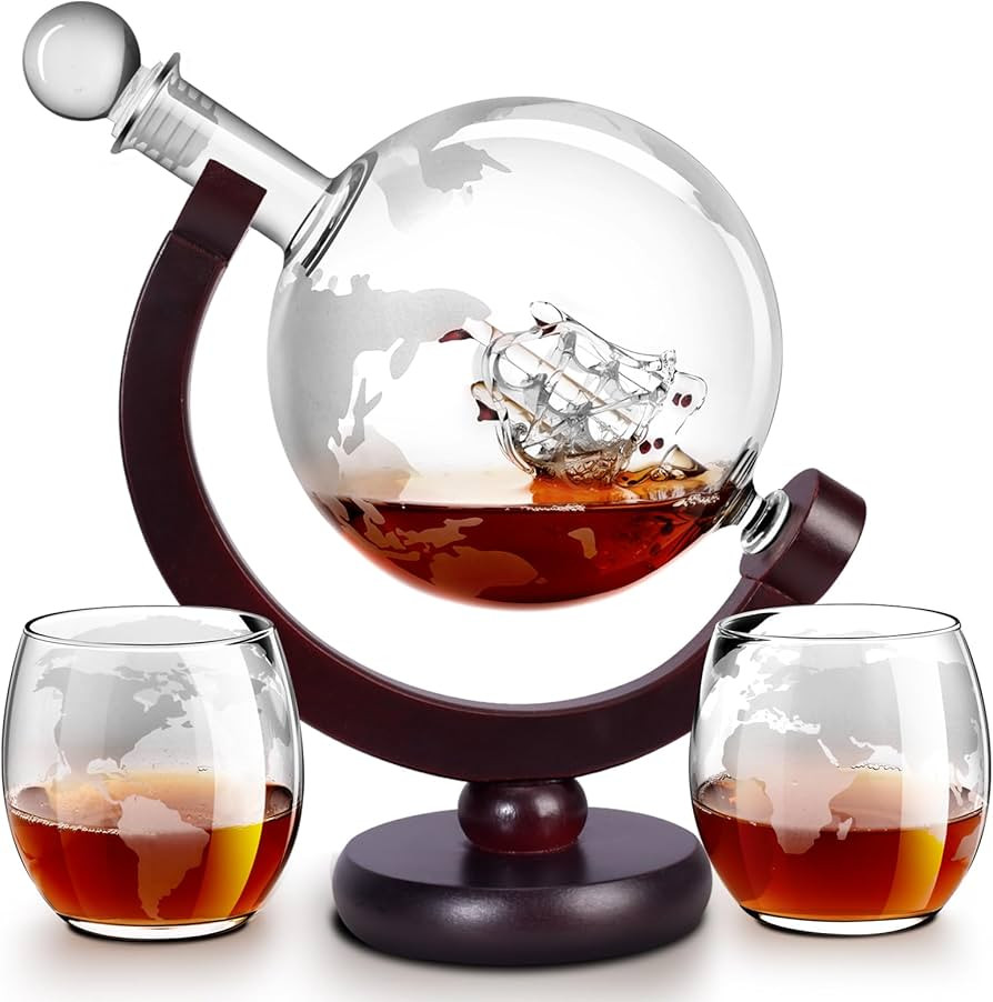 Whiskey Decanter Sets for Men, Whiskey Decanter Globe Set with 2 Etched Globe Whisky Glasses for ... | Amazon (US)