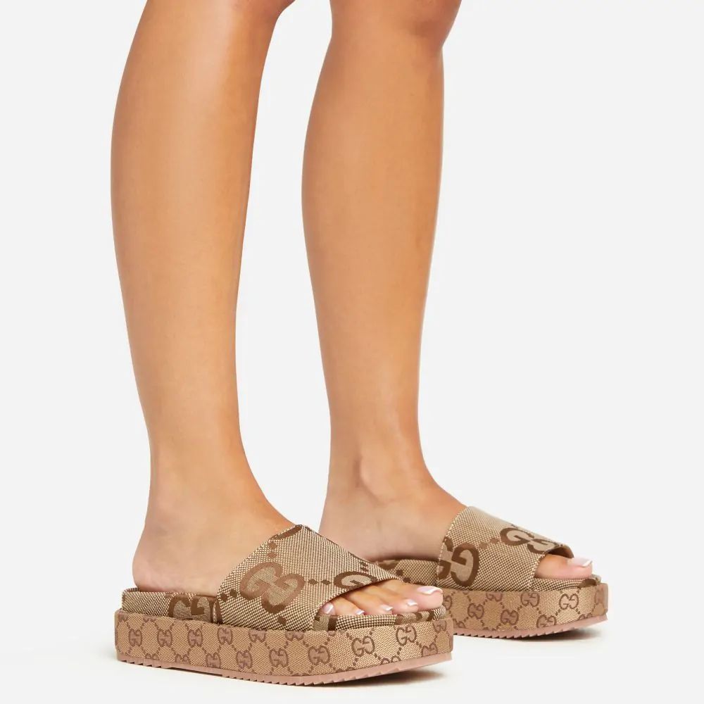 Manic Printed Detail Peep Toe Flatform Slider Sandal In Brown Fabric | EGO Shoes (US & Canada)