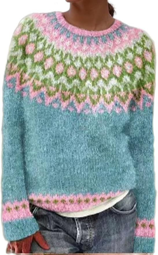 Women's Vintage Fair Isle Sweater Knitted Crewneck Long Sleeve Pullover Winter Sweaters Tops | Amazon (US)