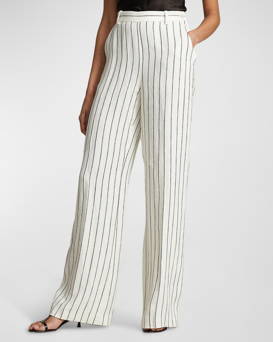 Striped Linen Jacquard Straight-Leg Pants | Neiman Marcus