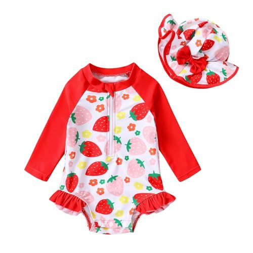 Infant Baby Girl Swimsuit One-Piece Long Sleeve Rash Guard with Hat Set Floral Zipper Bathing Suit Leopard Beach Wear(Red#Strawberry,12-18 Months) | Amazon (US)