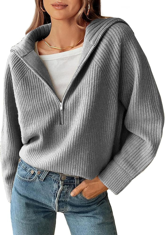 BTFBM Women’s Casual Long Sleeve Half Zip Pullover Sweaters Solid V Neck Collar Ribbed Knitted ... | Amazon (US)