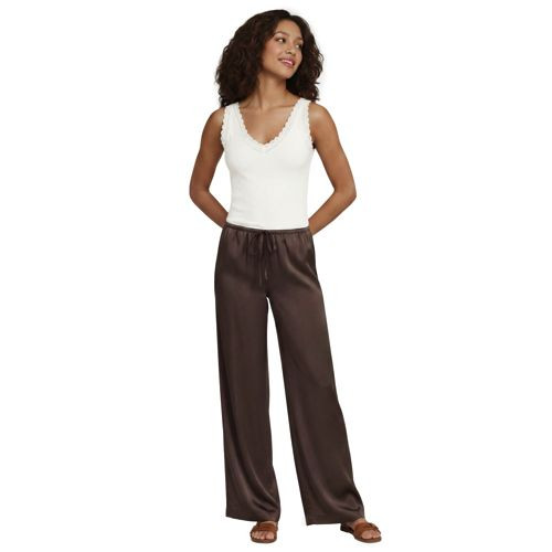 Women's Plus Size Creaseless Silky High Rise Wide Leg Drawstring Pants - Lands' End - Brown - 2X | Lands' End (US)