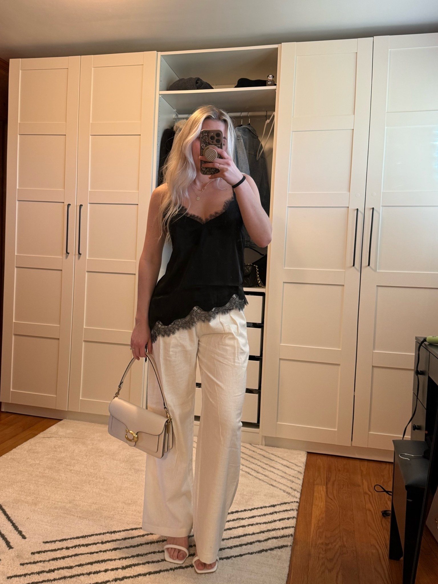Lace cami top, linen pants, tabby coach, girly outfit, trendy outfit, girls day, brunch, ootd, outfit ideas