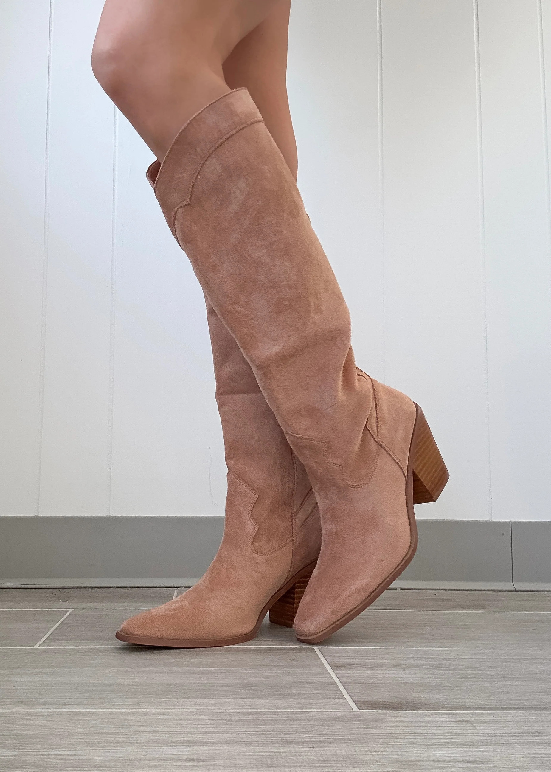 Classy Suede Knee High Boots - Almond | Bar T Boutique
