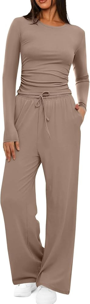 Women's 2 Piece Lounge Sets Casual Fall Travel Outfits Slim Fitted Tops Wide Leg Pants Tracksuit ... | Amazon (US)