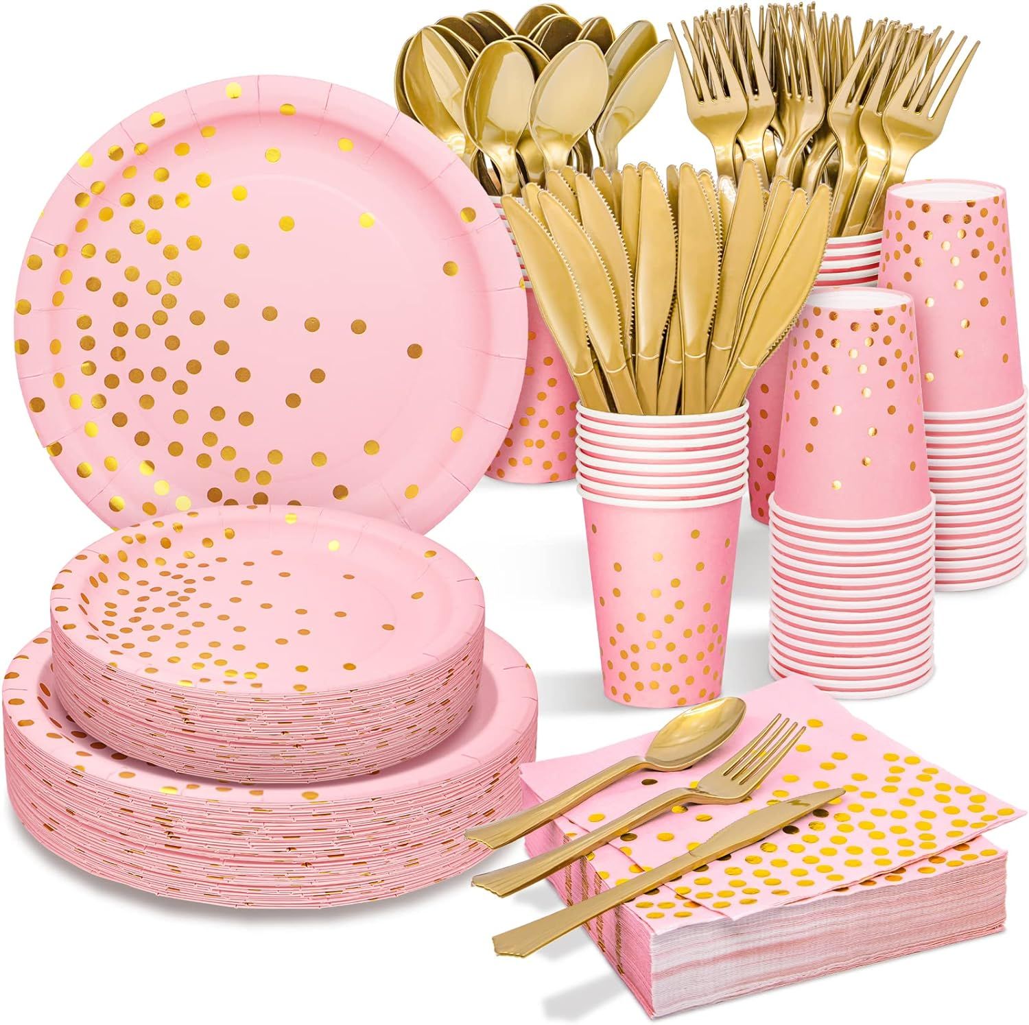 Pink and Gold Party Supplies - 350PCS Disposable Paper Plates Dinnerware Set - Pink Dinner/Desser... | Amazon (US)