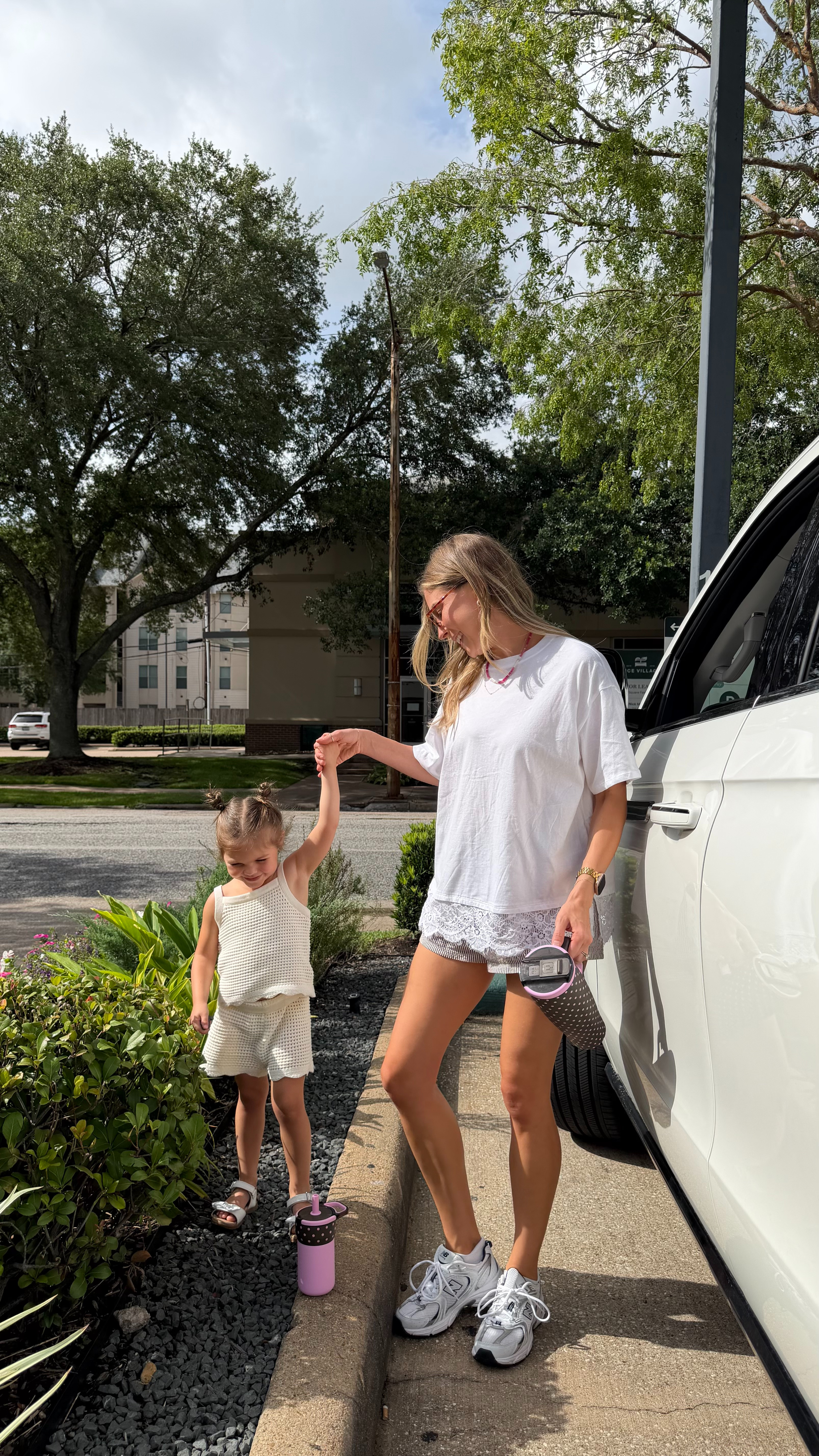 Cute, casual summer mom outift inspo! M in tee and S in boxer shorts! Linking similar lace tees!  

 #LTKootd #LTKmomlife