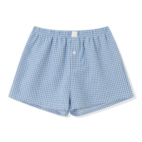 Women Gingham Boxer Shorts Y2k Cute Stripes Plaid Button Elastic Waist Lounge Boxers Blue S | Amazon (US)
