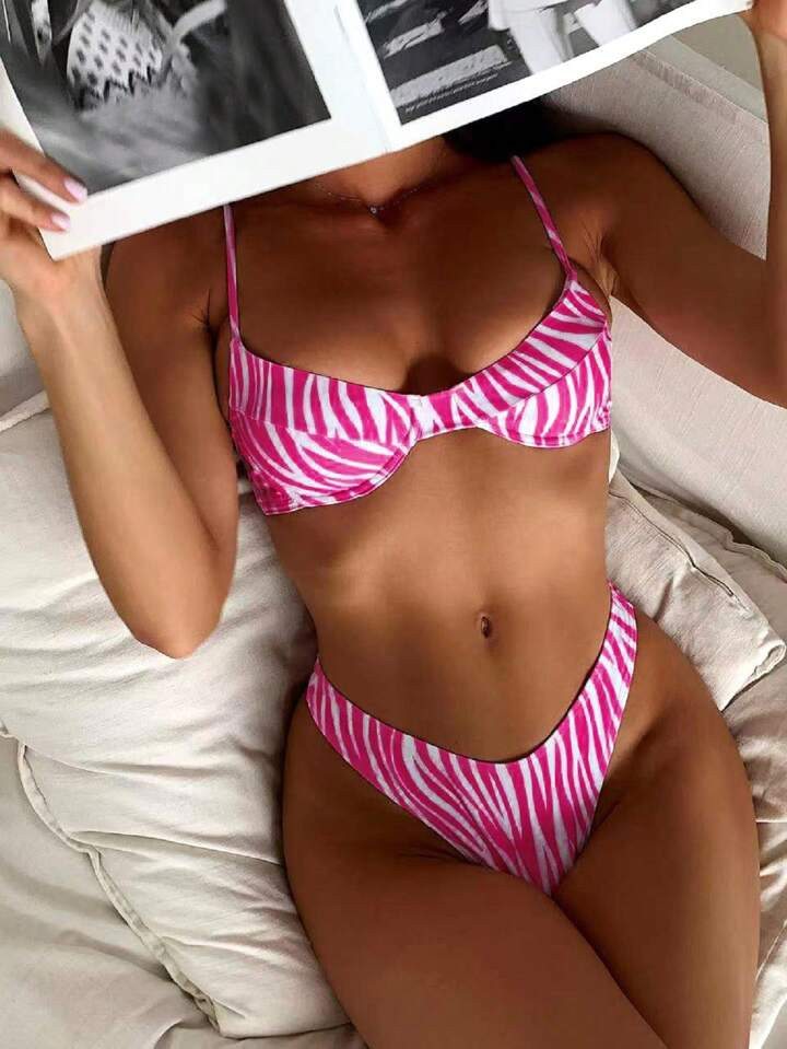 SHEIN Swim Summer Beach Zebra Stripe Underwire Bikini Swimsuit | SHEIN