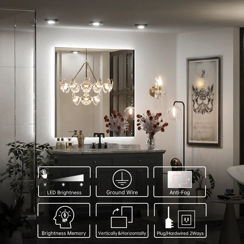 Adorna LED Backlit Frameless Lighted Bathroom Vanity Mirror Wall Mirror Dimmable Anti Fog | Wayfair North America