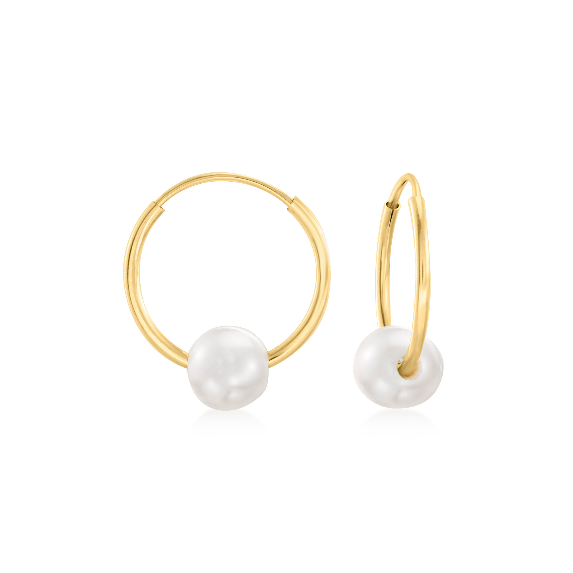 14kt Yellow Gold Hoop Earrings with Removable 5-6mm Cultured Pearls. 5/8" | Ross-Simons