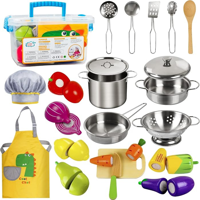 Sundaymot Play Kitchen Accessories, Wooden Play Food, Cooking Set with Stainless Steel Cookware Pots and Pans Utensils, Apron, Chef Hat, ​Cutting Food Kitchen Playset for Girls and Boys | Amazon (US)