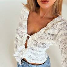 Women's Sexy And Elegant Front Tie Bow Sheer Deep V Neck Long Sleeve Lace Shirt Blouse White Lace Blouse White Sexy Top Costume | SHEIN