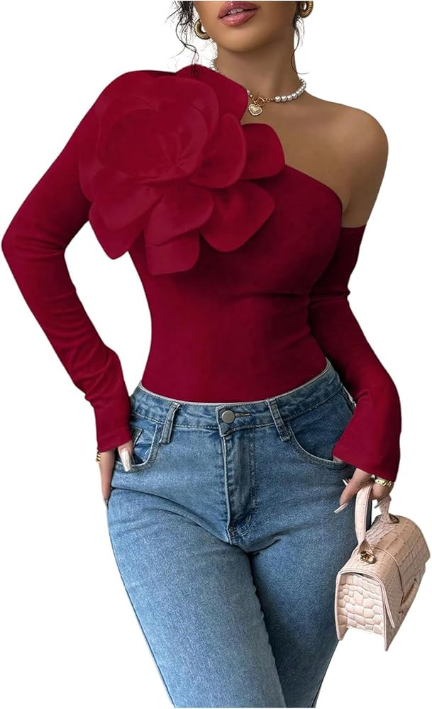 OYOANGLE Women's 3D Floral One Shoulder Tshirt Party Slim Fitted Going Out Tops | Amazon (US)
