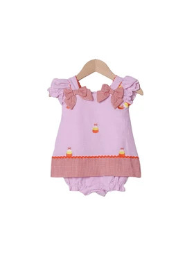 Embroidered Candy Corn Pink/Orange Gingham Seersucker Skirted Bubble | The Smocked Flamingo