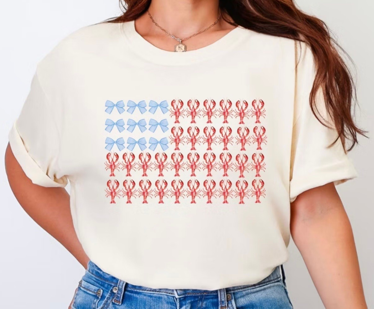 The cutest red white and blue flag shirt I have ever seen! Summer style with bows and lobsters.

#LTKootd #LTKSeasonal
