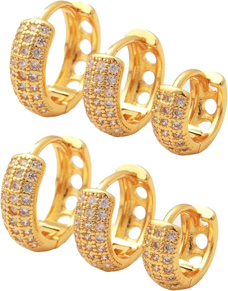 3-Pair Huggie Hoop Earrings 18K Gold Plated, Hypoallergenic Thick Small Layered Set, Stacking Ear... | Amazon (US)