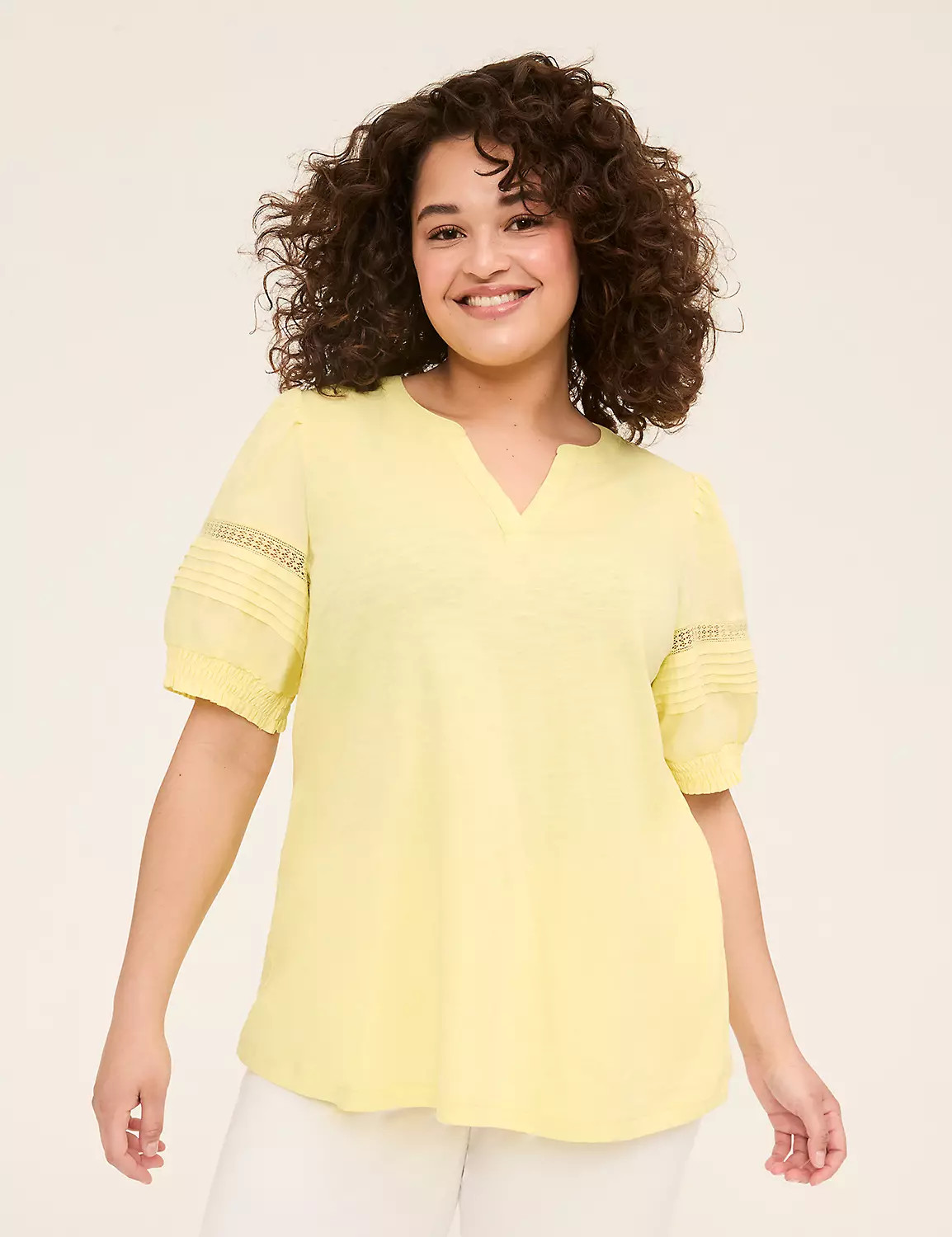 Woven & Knit Puff-Sleeve Notch-Neck Top | Lane Bryant (US)