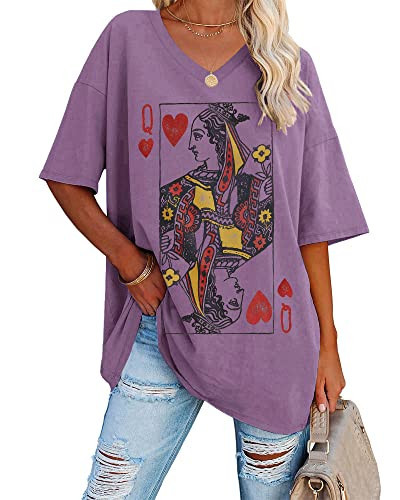 Fazortev Womens Oversized Queen Of Hearts Graphic T Shirts Casual V Neck Half Sleeve Summer Loose Tees Tunic Tops Purple | Amazon (US)