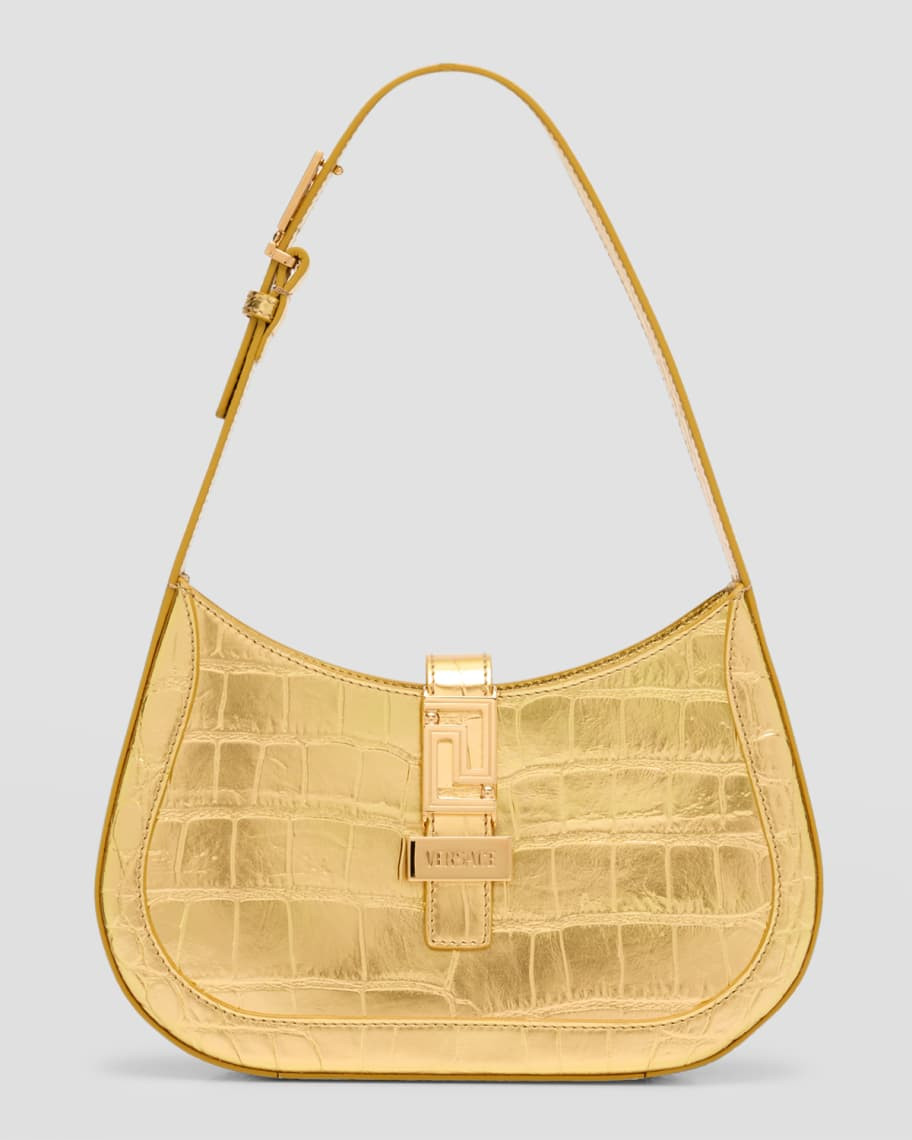 Versace Greca Goddess Small Metallic Croc-Embossed Hobo Bag | Neiman Marcus