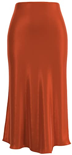 Soowalaoo Womens Brown Skirt Midi Long Length Silk Satin High Waisted Elastic Casual Solid Color Skirts S | Amazon (US)