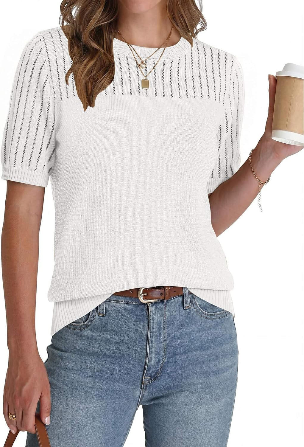 Zeagoo Women's Short Sleeve Sweater Tops 2026 Spring Summer Crew Neck Hollow Out Blouses Dressy Business Casual Outfits | Amazon (US)