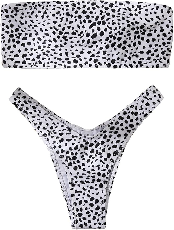 WDIRARA Women's 2 Piece Swimsuit Dalmatian Print Lace Up Bandeau Bikini Set Summer Bathing Suits | Amazon (US)