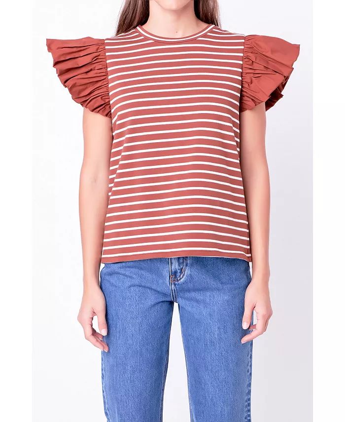 Women's Stripe Knit with Poplin Puff Sleeve Top | Macy's