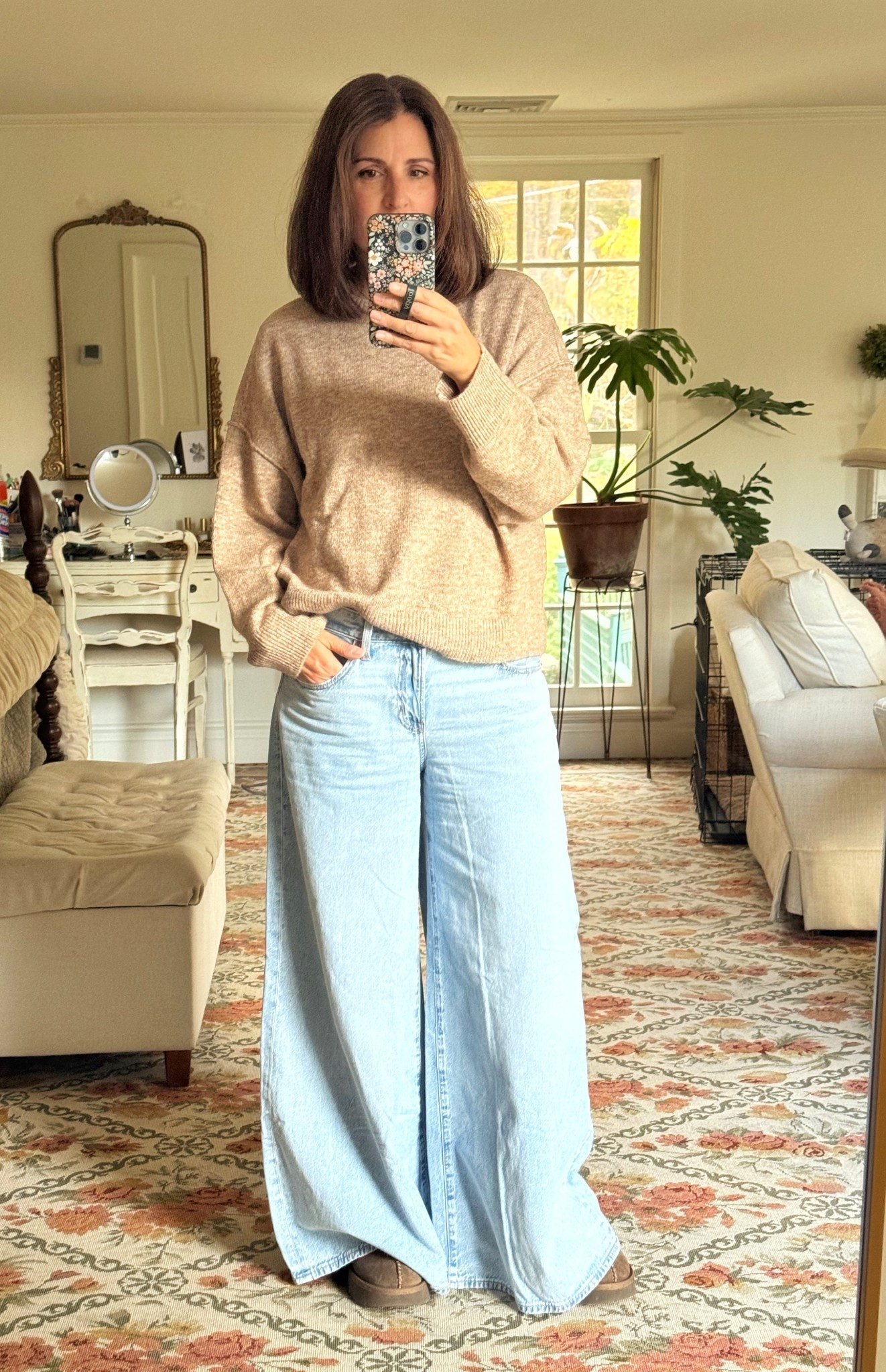 Casual and cozy fall outfit from American Eagle! 

Wide leg jeans, sweater, clogs, 

5’7”
142 lbs
Size 8 (could probably squeeze into a 6 with these!)
Medium top - has a roomy fit 
Clogs - true to sizee

#LTKSaleAlert #LTKFindsUnder50 #LTKOver40