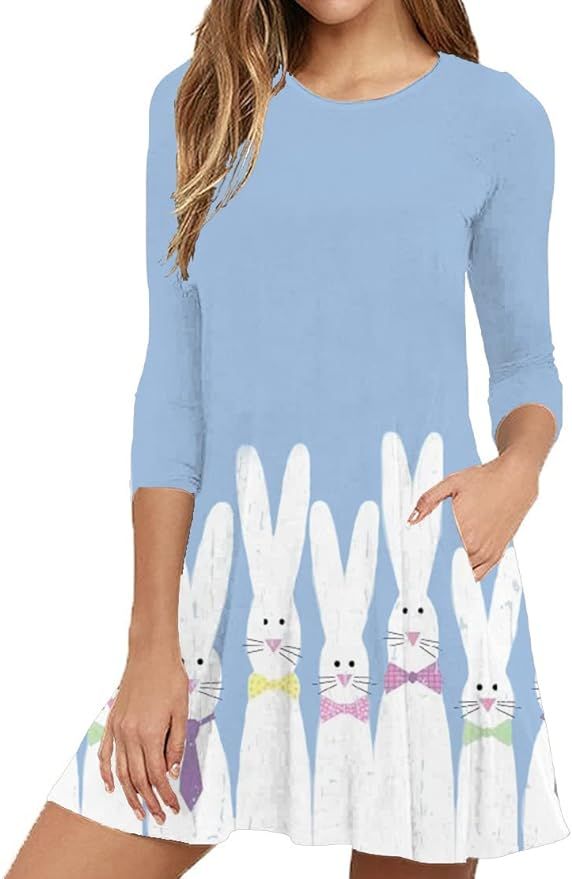 Easter Dress Women's Long Sleeve Rabbit Print Casual Flare Bunny Dress | Amazon (US)