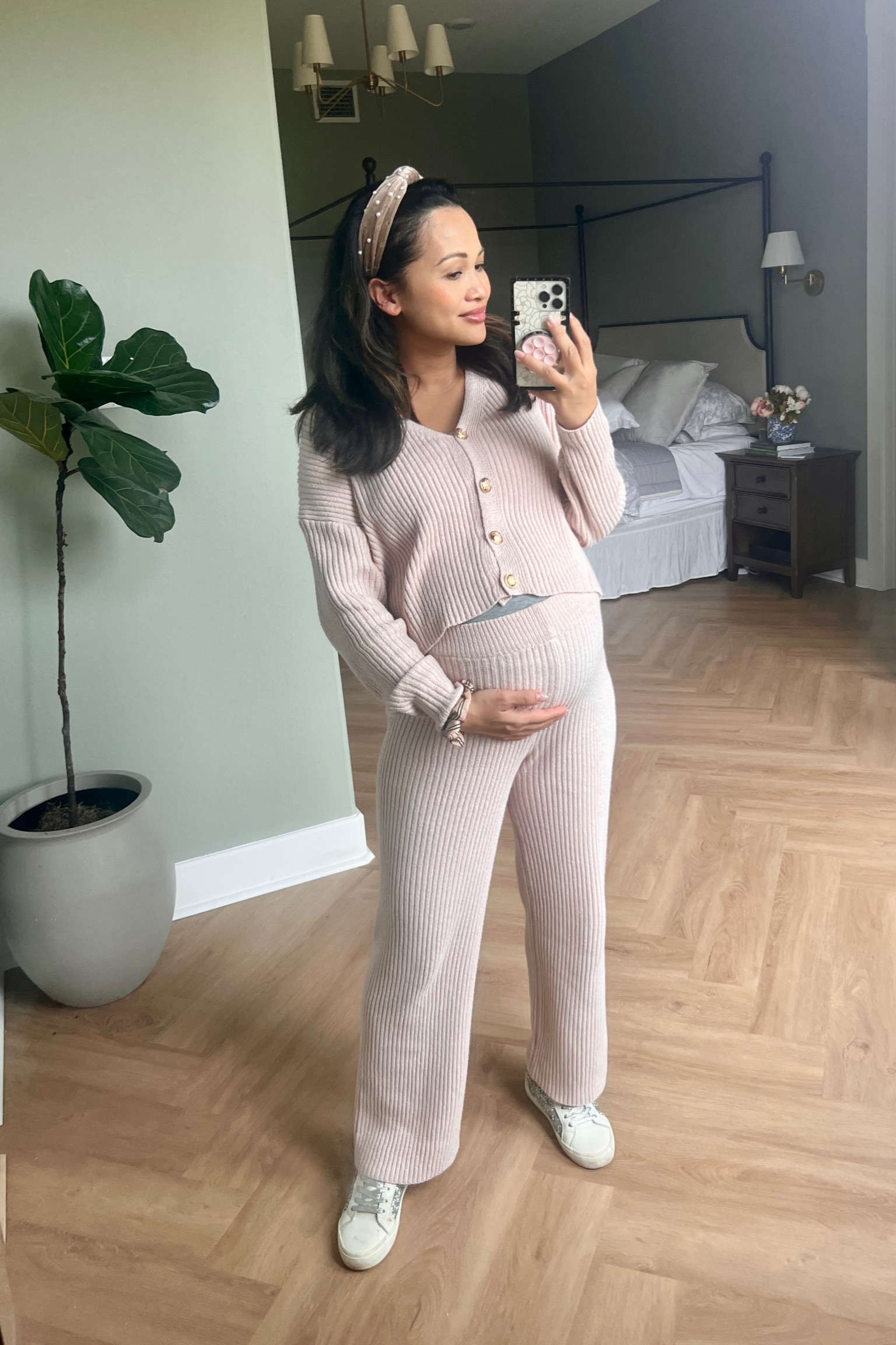 Non maternity two piece pink sweater set that is bump friendly 
