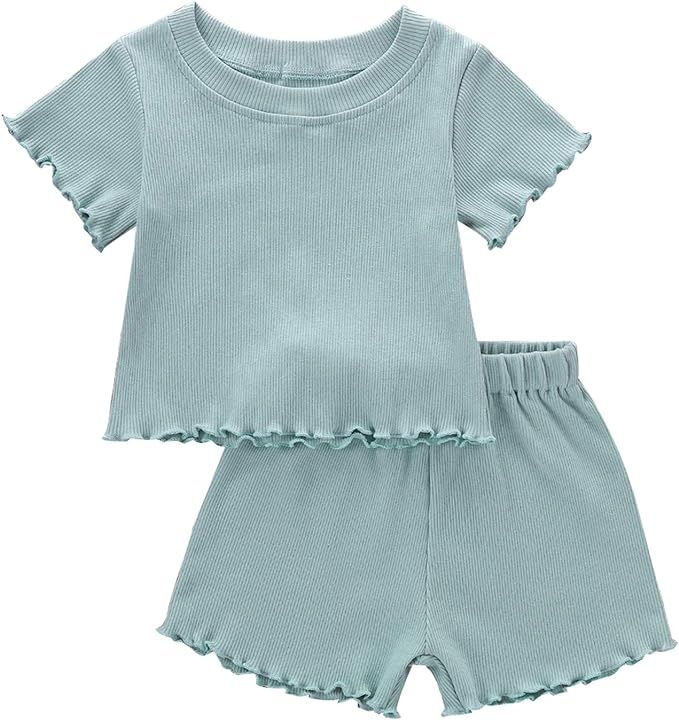 Dimoybabe Toddler Baby Girl Summer Clothes Knit Cotton Outfits Infant Short Set | Amazon (US)