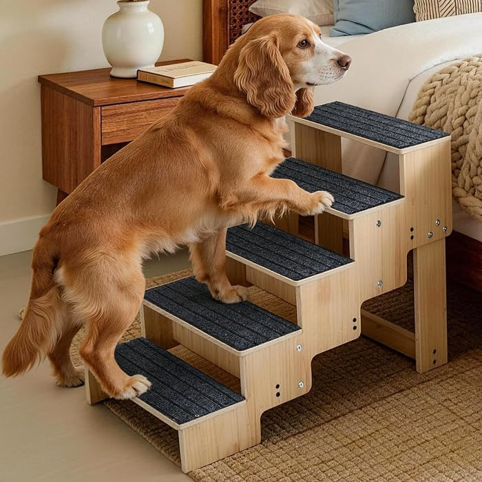 5-Step Wooden Dog Steps for Bed, Anti-Slip Dog Stairs with Carpet Pads, 23.6 Inches Pet Ramp for ... | Amazon (US)