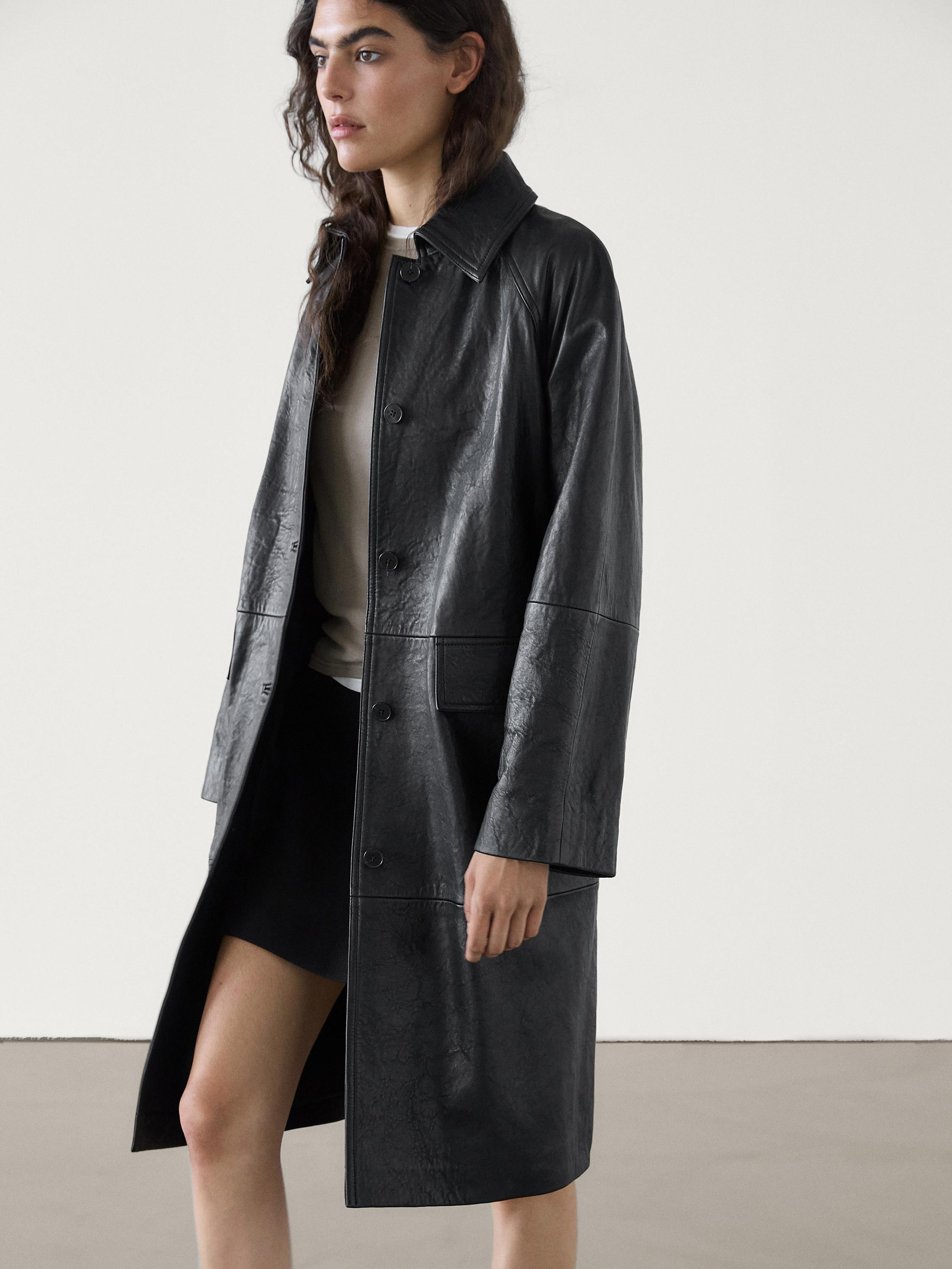 Long textured nappa leather coat with pockets | Massimo Dutti US