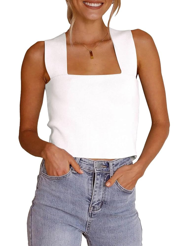 Zwurew Women's Knit Square Neck Tank Tops 2025 Summer Casual Sleeveless Sweater Fitted Shirts Tan... | Amazon (US)