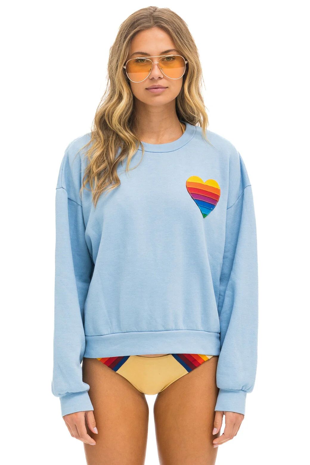 RAINBOW HEART STITCH RELAXED CREW SWEATSHIRT - ICE | Aviator Nation