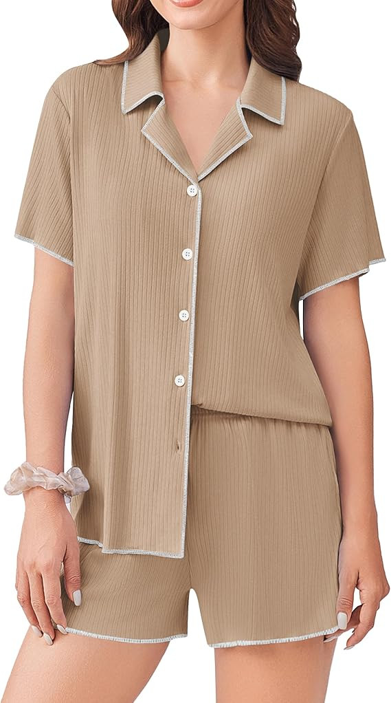 Ekouaer Women's Ribbed Button Down Pajamas Sets 2 Piece Short Sleeve Shorts Pjs Knit Lounge Sets | Amazon (US)