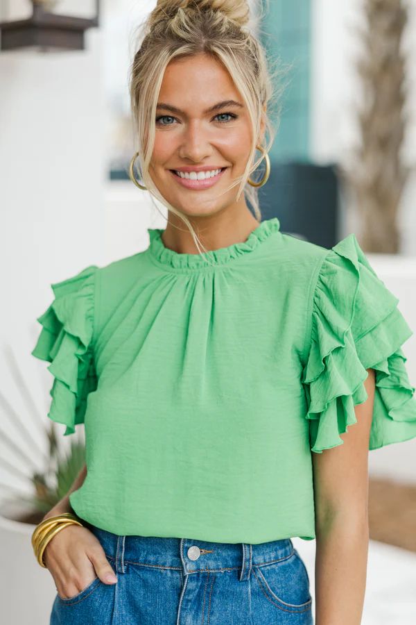 See You Out Kelly Green Ruffled Blouse | The Mint Julep Boutique