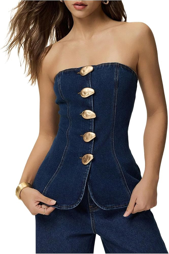 Milumia Women's Metal Button Front Denim Tube Top Elegant Sleeveless Bandeau Tops | Amazon (US)