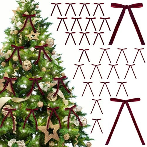 26 Pcs Burgundy Velvet Bows for Christmas Tree, Bow Ornaments for Christmas Tree Wreath Door Garland Home Decor Outdoor Indoor | Amazon (US)