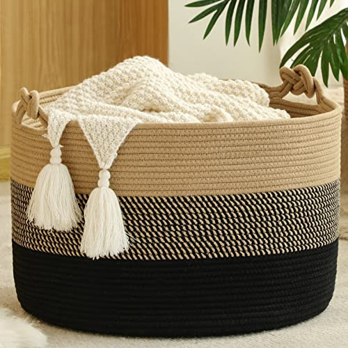 KAKAMAY Large Blanket Basket (20"x13"),Woven Rope Baskets for storage Baby Laundry Hamper, Cotton Rope Blanket Basket for Living Room, Laundry, Nursery, Pillows,Baby Toy chest (Jute/Black) | Amazon (US)