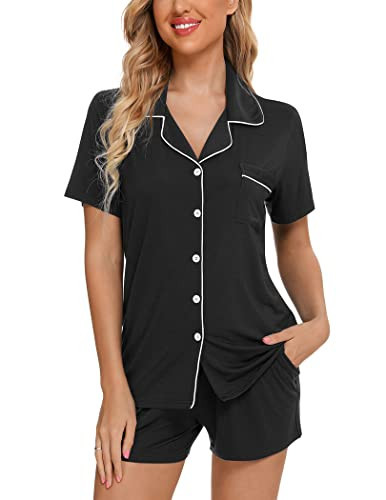 Pjmlifecoc Black Pajama Set Girl's Soft Summer Nightwear Short Sleeve Two Piece Sleepwear Pj Lounge Set | Amazon (US)