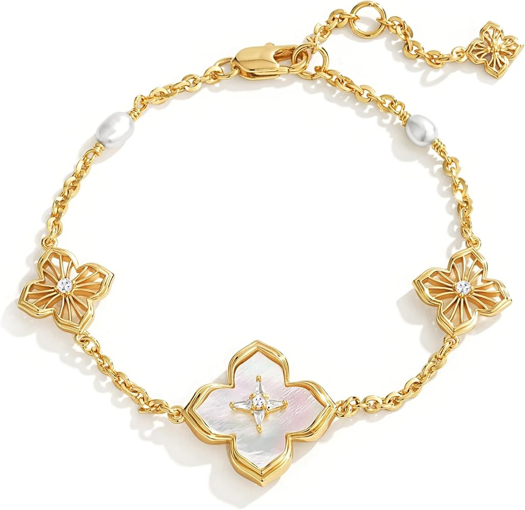 FETERO Gold Bracelets for Women Trendy, Dainty 14K Gold Plated Charm Clover Bracelet 2 Sided Luck... | Amazon (US)
