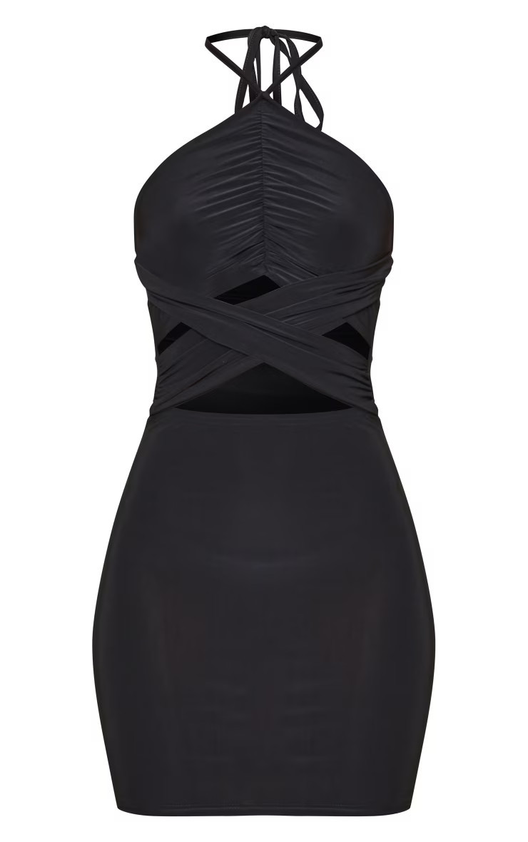 Black Slinky Ruched Halter Cross Waist Bodycon Dress | PrettyLittleThing UK