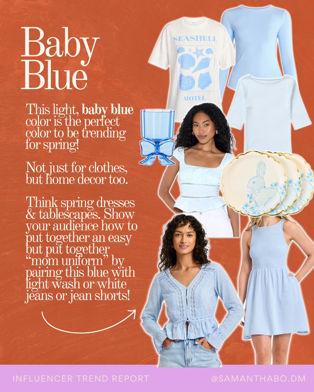 Influencers can shop trending light baby blue items: baby blue dress, baby blue top, baby blue glass, baby blue blouse, graphic tee shirt, Easter home plates 

 #LTKSpringSale #LTKSeasonal #LTKHome